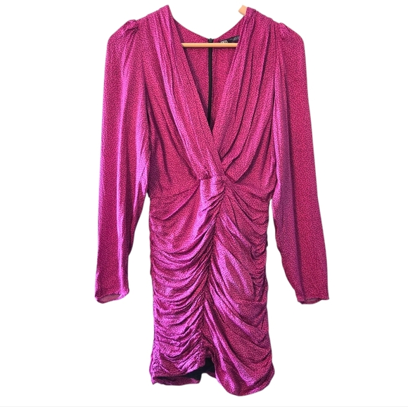 Zara Women's Ruched Satin Effect Print Wrap Dress Fuchsia Pink Size Small - Picture 6 of 15